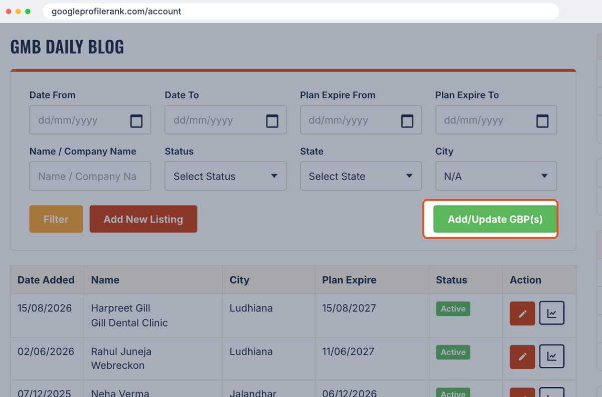 Add/Update GBP(s) button used to connect a Google Business Profile