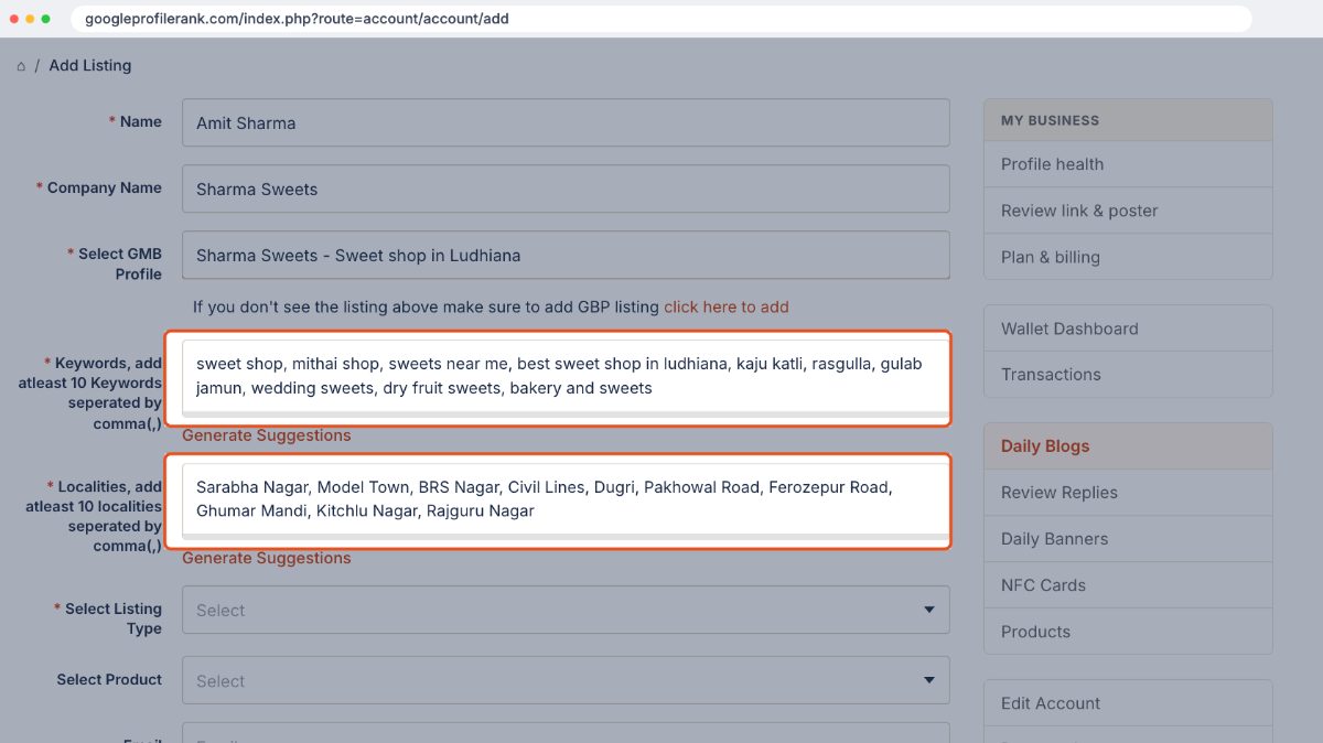 Add listing form with keywords and localities filled in