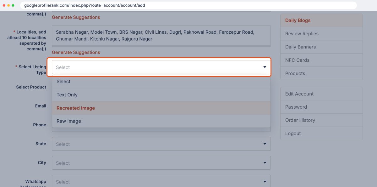 Listing Type dropdown showing Text Only, Recreated Image and Raw Image