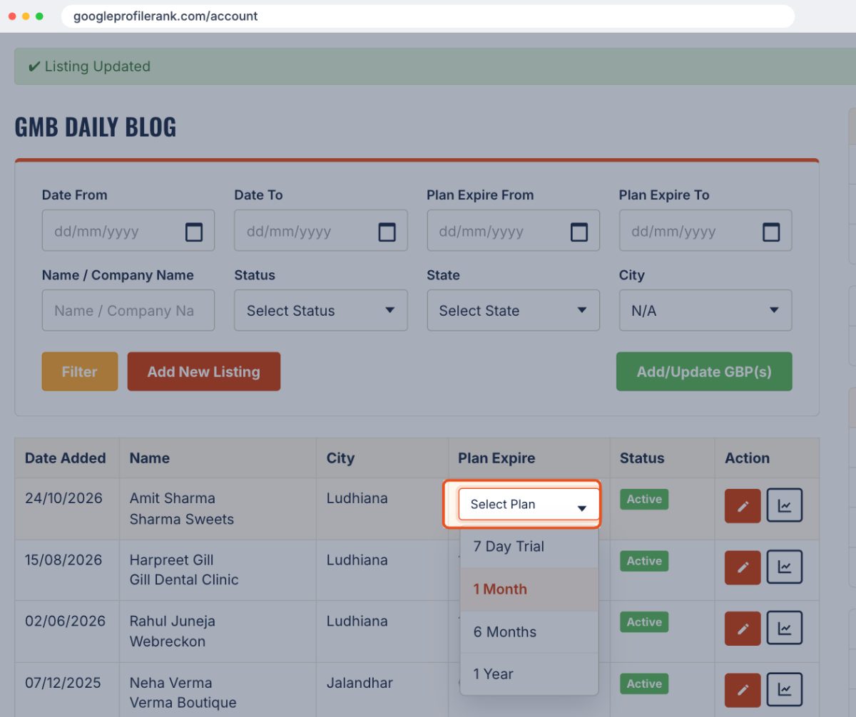 Select Plan dropdown with 7 Day Trial, 1 Month, 6 Months and 1 Year